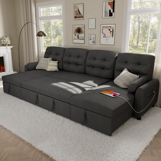 VOHOBY 112" Sleeper Sofa Bed, Pull Out Couch Bed with Dual Reversible Storage Chaise, Sectional Couch for Living Room With Side Pocket | Charging Station | Removable Backrest | Prime Linen, Dark Grey