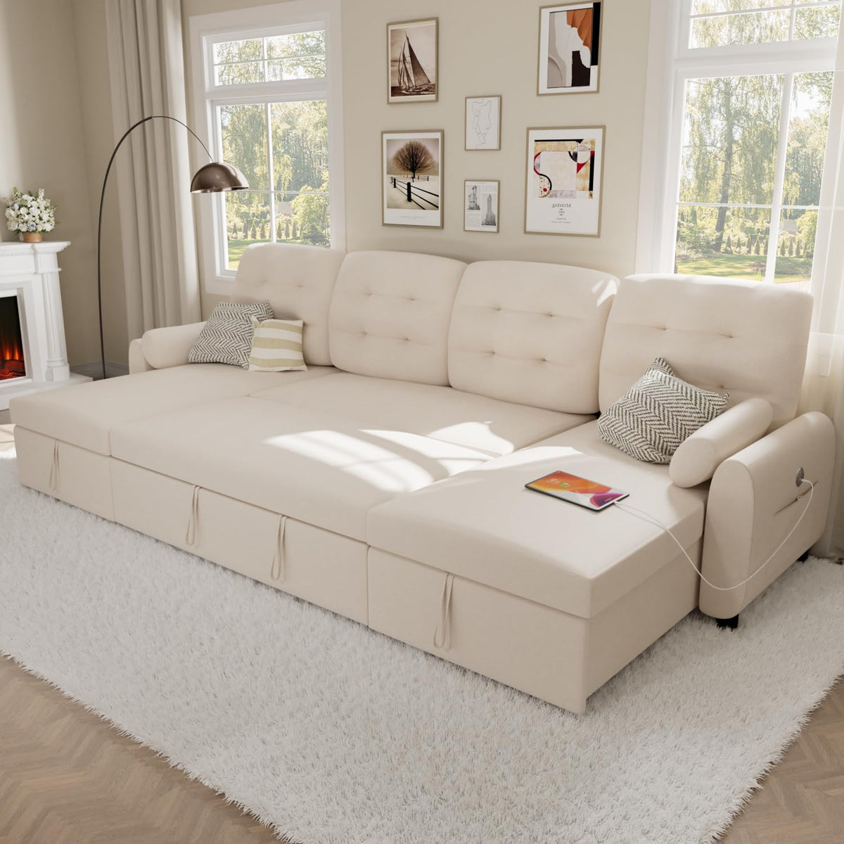 VOHOBY 112" Sleeper Sofa Bed, Pull Out Couch Bed with Dual Reversible Storage Chaise, Sectional Couch for Living Room With Side Pocket | Charging Station | Removable Backrest | Prime Linen, Beige