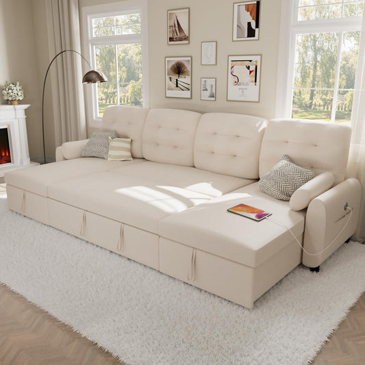 VOHOBY 112" Sleeper Sofa Bed, Pull Out Couch Bed with Dual Reversible Storage Chaise, Sectional Couch for Living Room With Side Pocket | Charging Station | Removable Backrest | Prime Linen, Beige