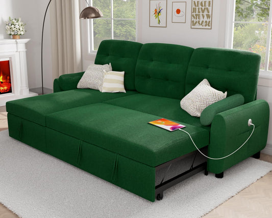 VOHOBY 86" Sleeper Sofa Bed, Pull Out Couch Bed with Reversible Storage Chaise, Sectional Couches for Living Room With Side Pocket | Charging Station | Removable Backrest | Prime Linen, Green