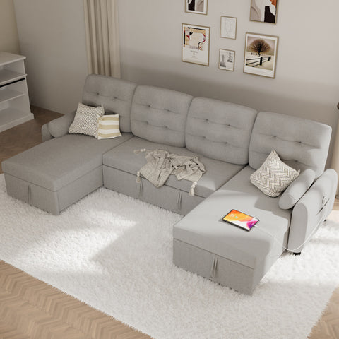 Sectional Sofa Couch, 112" Sleeper Sofa Bed with Dual Reversible Storage Chaise Pull Out Couched for Living Room | Side Pockets | Charging Station | Removable Backrest | Linen, Light Grey