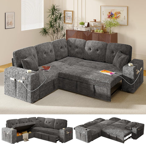 Bonroyo Modular Sectional Sleeper Sofa with Pull Out Bed, 84 Inch L Shaped 5 Seat Couches for Living Room, Chenille Fabric Cloud Couch Bed with Storage & Reclining Backrest, USB Charging, Grey