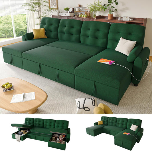 Ucloveria Sectional Sleeper Sofa Bed, 112" U-Shaped Sectional Couches for Living Room with Pull Out Bed, Oversize Couch Bed with Dual Reversible Storage Chaise | USB Charging | Side Pockets,Green