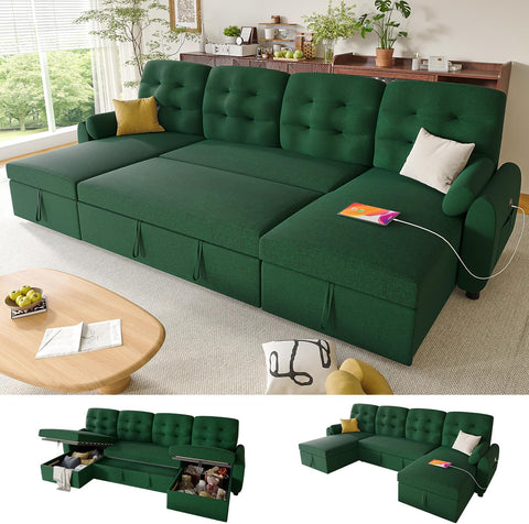 Ucloveria Sectional Sleeper Sofa Bed, 112" U-Shaped Sectional Couches for Living Room with Pull Out Bed, Oversize Couch Bed with Dual Reversible Storage Chaise | USB Charging | Side Pockets,Green