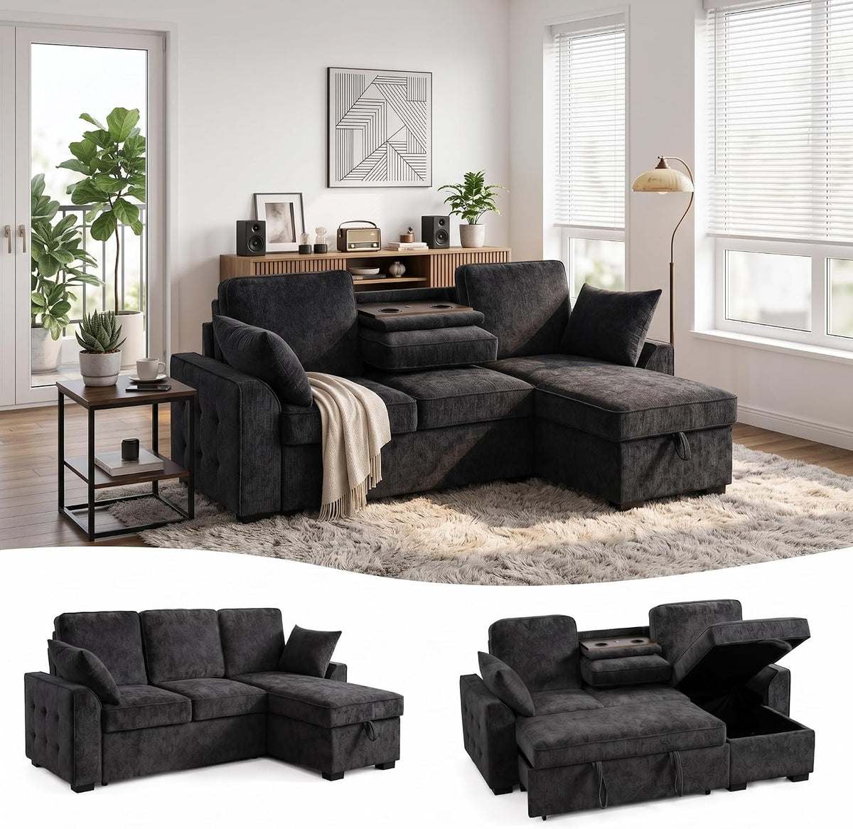 VOHOBY 85" Sleeper Sofa Bed, Pull Out Couch Bed with Reversible Storage Chaise, Sectional Couches for Living Room With Cup Holder | Charging Station | Removable Backrest | Turfed Armrest, Dark Grey