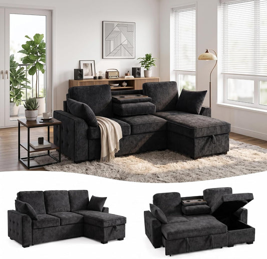 VOHOBY 85" Sleeper Sofa Bed, Pull Out Couch Bed with Reversible Storage Chaise, Sectional Couches for Living Room With Cup Holder | Charging Station | Removable Backrest | Turfed Armrest, Dark Grey
