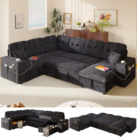 Bonroyo Modular Sectional Sleeper Sofa with Pull Out Bed, 108 Inch U Shaped 7 Seat Couches for Living Room, Chenille Fabric Cloud Couch Bed with Storage, Reclining Backrest, USB Charging, Luxury Black