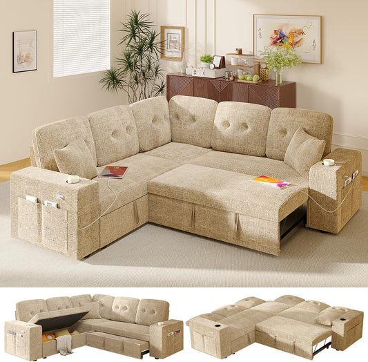 Bonroyo Modular Sectional Sleeper Sofa with Pull Out Bed, 84 Inch L Shaped 5 Seat Couches for Living Room, Chenille Fabric Cloud Couch Bed with Storage & Reclining Backrest, USB Charging, Khaki