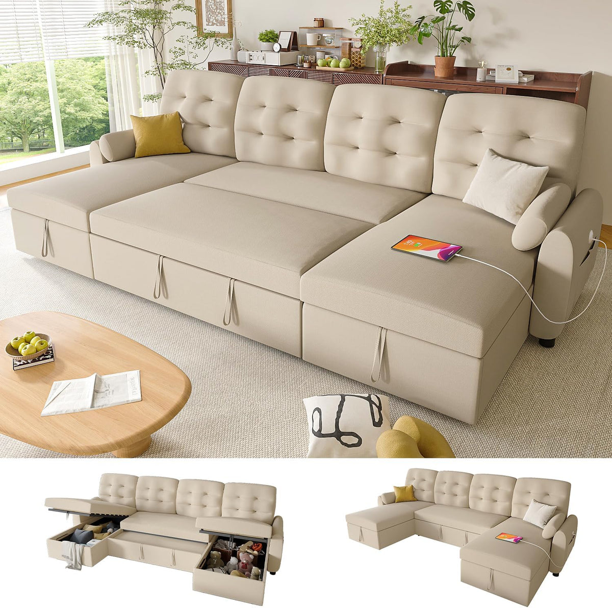 Ucloveria Sectional Sleeper Sofa Bed, 112" U-Shaped Sectional Couches for Living Room with Pull Out Bed, Oversize Couch Bed with Dual Reversible Storage Chaise | USB Charging | Side Pockets,Beige