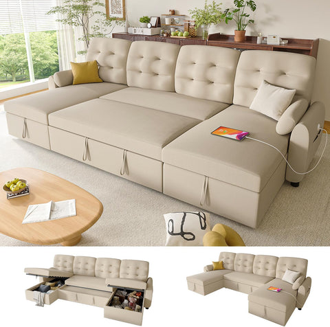Ucloveria Sectional Sleeper Sofa Bed, 112" U-Shaped Sectional Couches for Living Room with Pull Out Bed, Oversize Couch Bed with Dual Reversible Storage Chaise | USB Charging | Side Pockets,Beige