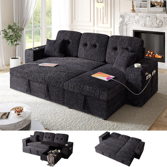 Bonroyo 90 Inch Modular Sectional Sleeper Sofa Bed, 4 in 1 Pull Out Couch Bed with Reclining Backrest | Reversible Storage Chaise | Wide Armrest | Tool Free Assembly, Chenille Fabric, Luxury Black