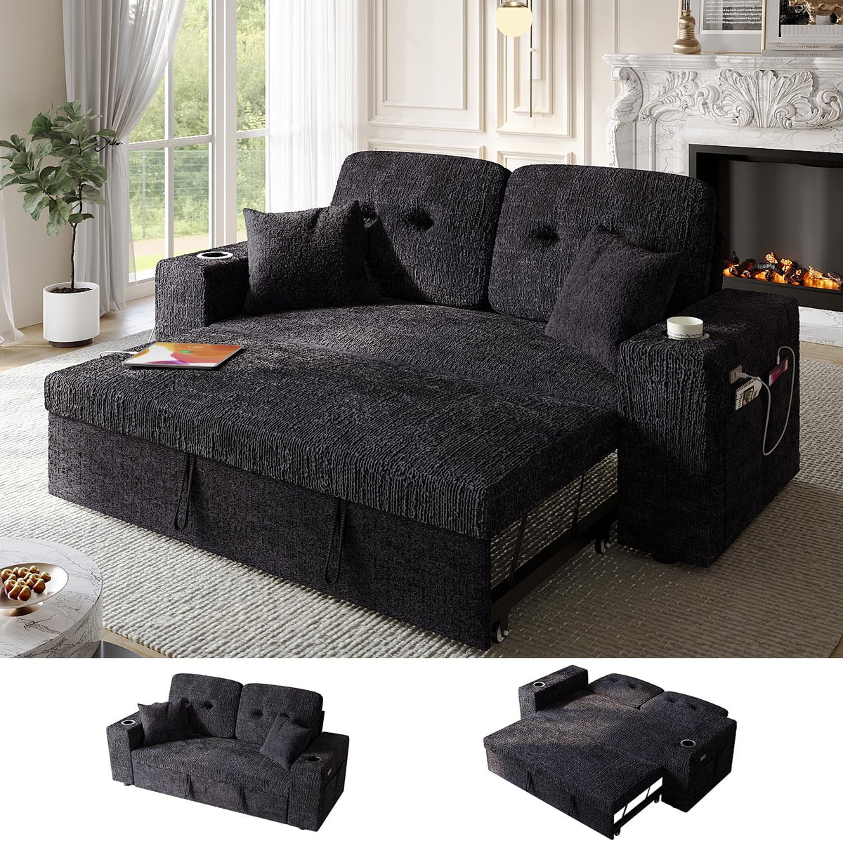 Bonroyo 63 Inch Sleeper Sofa Bed, 3 in 1 Pull Out Couch Bed with Reclining Backrest, Small Loveseat with Wide Armrest | USB Charging | Side Pockets | Cup Holders | Tool Free Assembly, Luxury Black