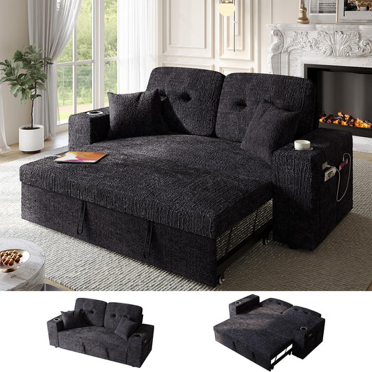 Bonroyo 63 Inch Sleeper Sofa Bed, 3 in 1 Pull Out Couch Bed with Reclining Backrest, Small Loveseat with Wide Armrest | USB Charging | Side Pockets | Cup Holders | Tool Free Assembly, Luxury Black