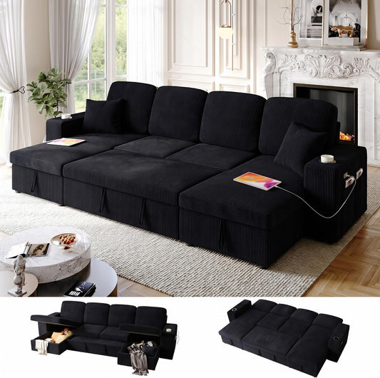 Bonroyo Modular Sectional Sleeper Sofa Bed,  117" U-Shaped Sofa with Dual Storage Chaise | Reclining Backrest | Wide Armrest, Couches for Living Room, 4 in 1 Pull Out Couch Bed, Corduroy Black