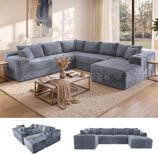Oversized Cloud Sectional Couches for Living Room, 122" U-Shaped 7 Seater Sofa Modular Boneless Couch with Chaise | Deep Seater | Cup Holder | Side Pocket | No-Assembly | Plus Corduroy, Light Grey