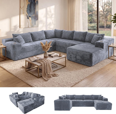 Oversized Cloud Sectional Couches for Living Room, 122" U-Shaped 7 Seater Sofa Modular Boneless Couch with Chaise | Deep Seater | Cup Holder | Side Pocket | No-Assembly | Plus Corduroy, Light Grey