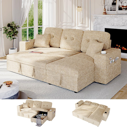 Bonroyo 90 Inch Modular Sectional Sleeper Sofa Bed, 4 in 1 Pull Out Couch Bed with Reclining Backrest | Reversible Storage Chaise | Wide Armrest | Tool Free Assembly, Chenille Fabric, Khaki