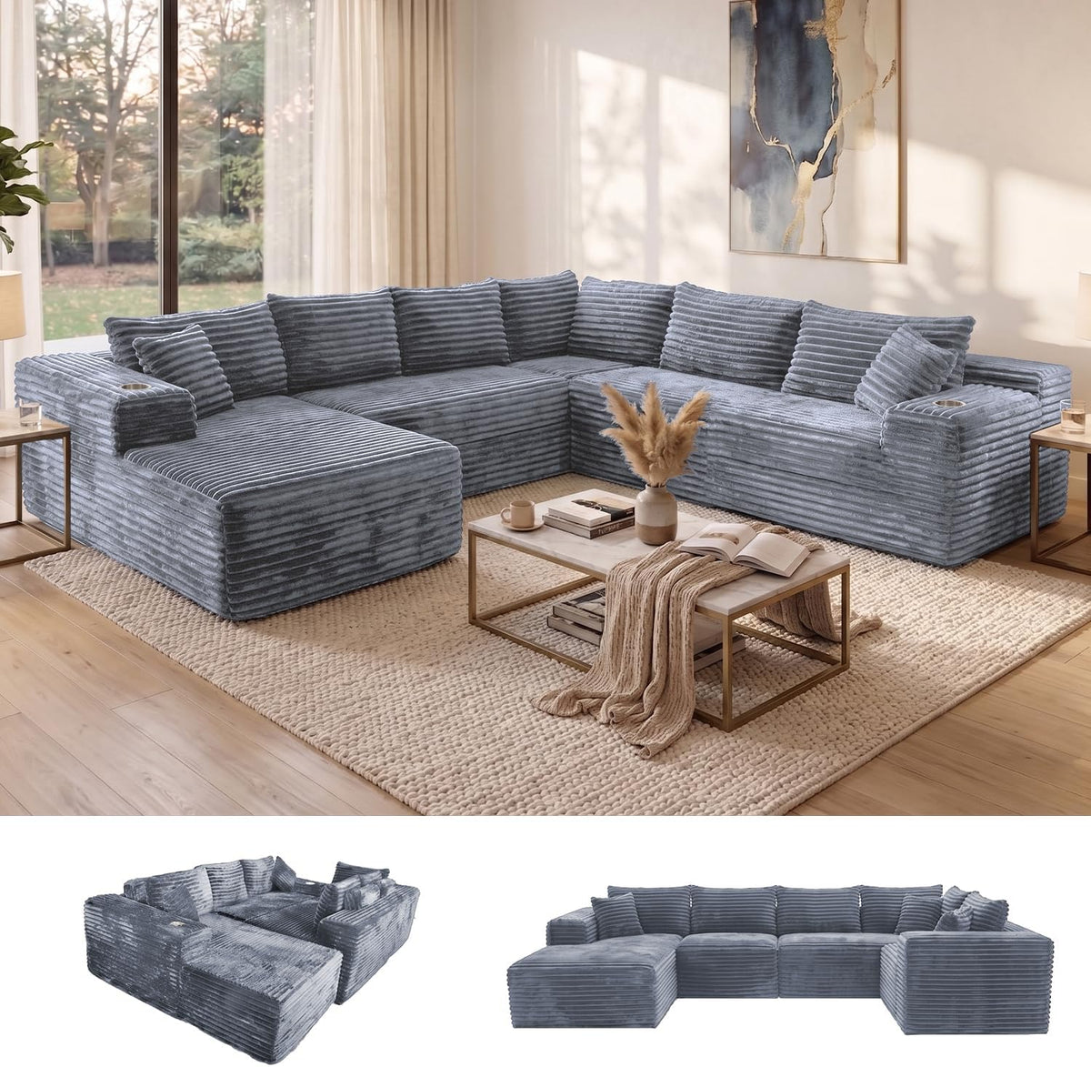 Oversized Cloud Sectional Couches for Living Room, 122" U-Shaped 7 Seater Sofa Modular Boneless Couch with Chaise | Deep Seater | Cup Holder | Side Pocket | No-Assembly | Plus Corduroy, Light Grey