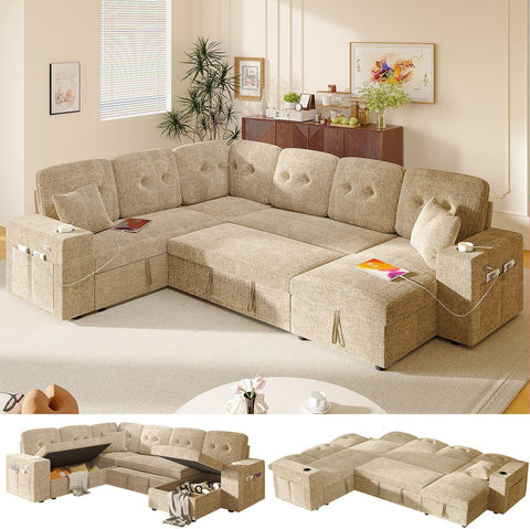 Bonroyo Modular Sectional Sleeper Sofa with Pull Out Bed, 108 Inch U Shaped 7 Seat Couches for Living Room, Chenille Fabric Cloud Couch Bed with Storage & Reclining Backrest, USB Charging, Khaki