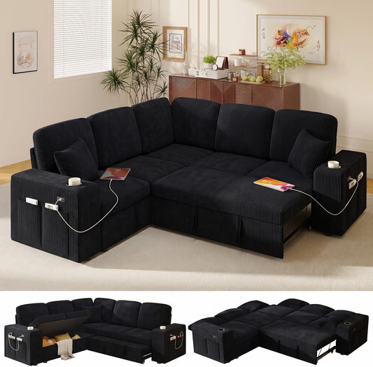 Bonroyo Modular Sectional Sleeper Sofa with Pull Out Bed, 84 Inch L Shaped 5 Seat Couches for Living Room, Chenille Fabric Cloud Couch Bed with Storage, Reclining Backrest, USB Charging, Corduroy