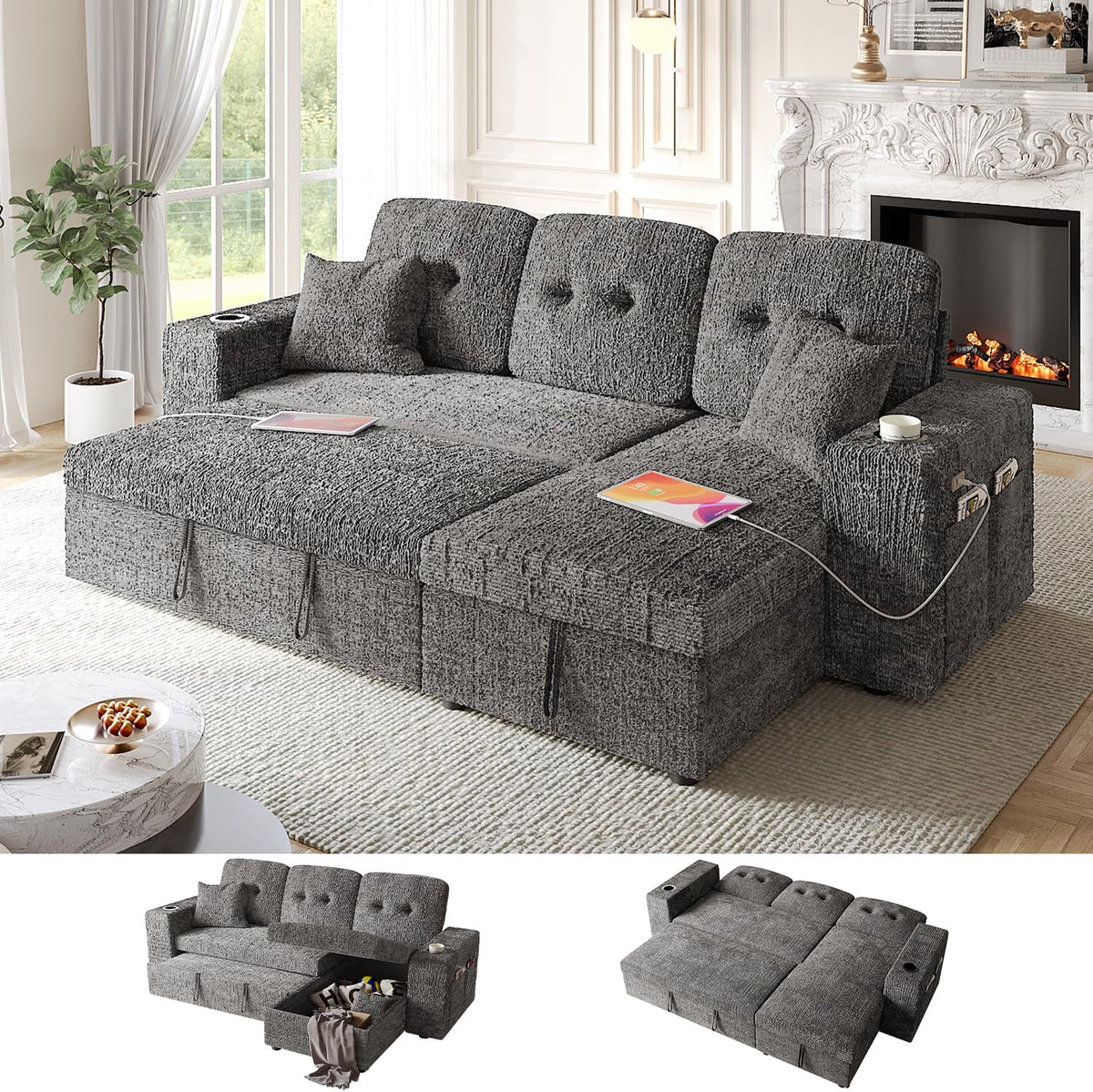 Bonroyo 90 Inch Modular Sectional Sleeper Sofa Bed, 4 in 1 Pull Out Couch Bed with Reclining Backrest | Reversible Storage Chaise | Wide Armrest | Tool Free Assembly, Chenille Fabric, Grey