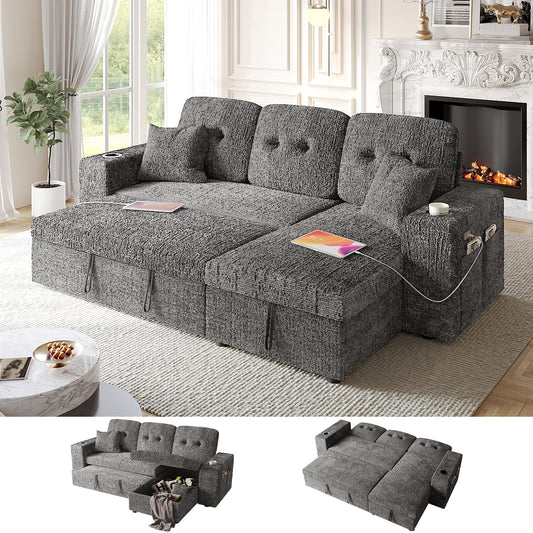 Bonroyo 90 Inch Modular Sectional Sleeper Sofa Bed, 4 in 1 Pull Out Couch Bed with Reclining Backrest | Reversible Storage Chaise | Wide Armrest | Tool Free Assembly, Chenille Fabric, Grey