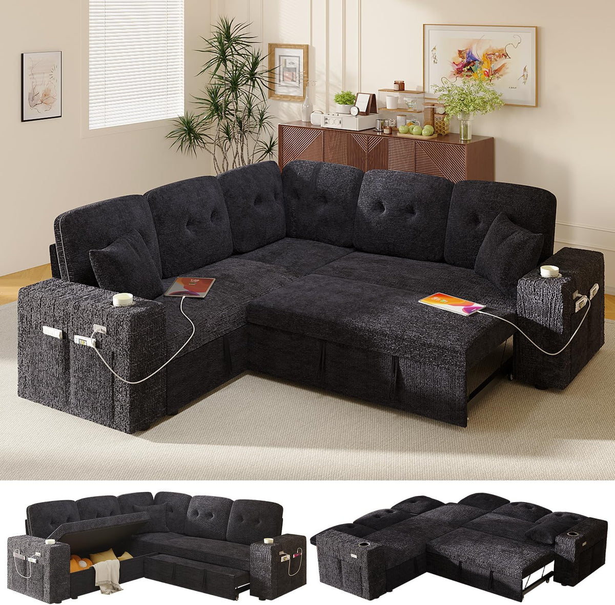 Bonroyo Modular Sectional Sleeper Sofa with Pull Out Bed, 84 Inch L Shaped 5 Seat Couches for Living Room, Chenille Fabric Cloud Couch Bed with Storage, Reclining Backrest, USB Charging, Luxury Black