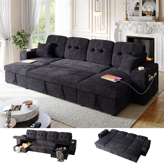 Bonroyo Modular Sectional Sleeper Sofa Bed,  117" U-Shaped Sofa with Dual Storage Chaise | Reclining Backrest | Wide Armrest, Couches for Living Room, 4 in 1 Pull Out Couch Bed, Luxury Black