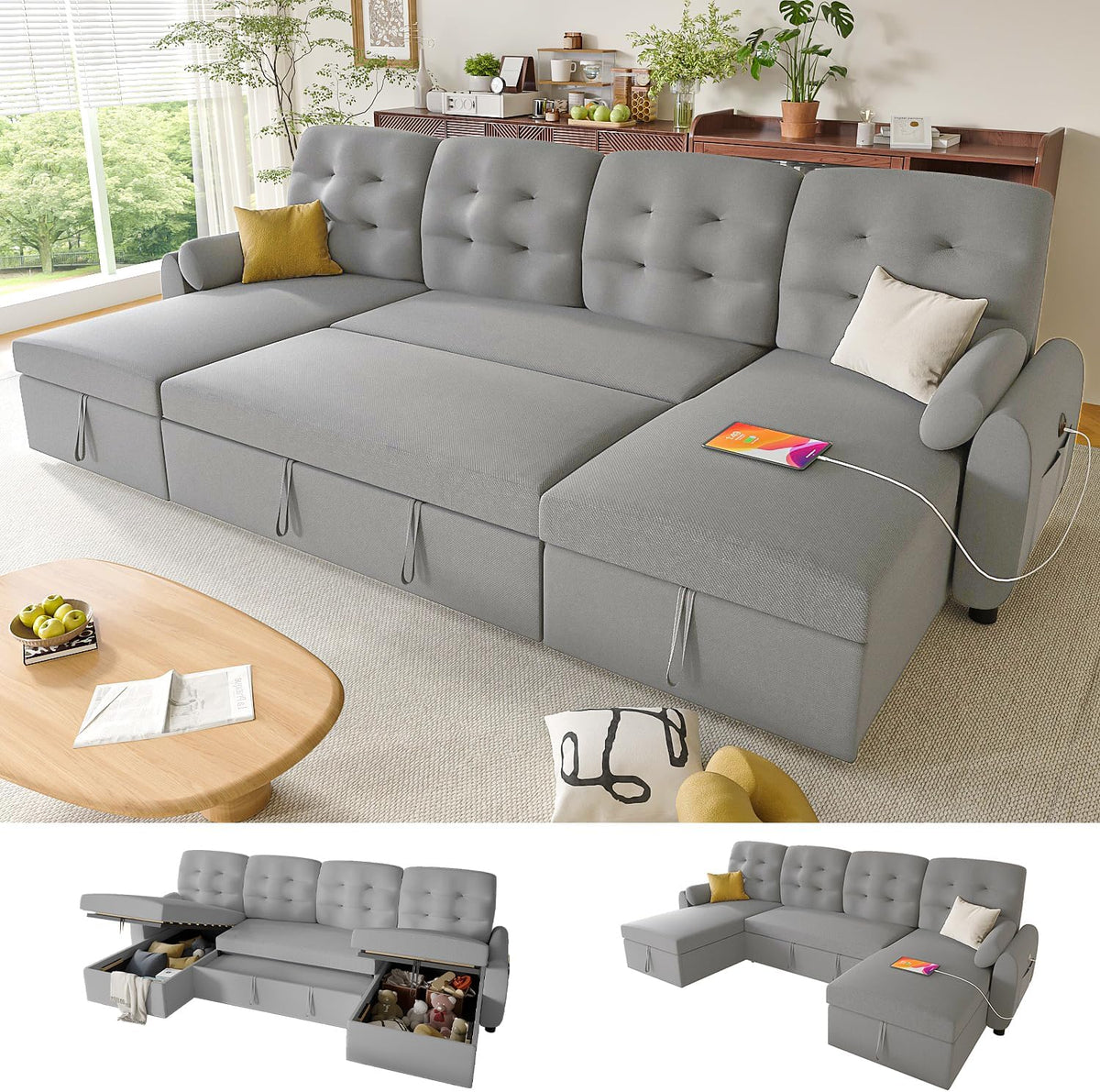 Ucloveria Sectional Sleeper Sofa Bed, 112" U-Shaped Sectional Couches for Living Room with Pull Out Bed, Oversize Couch Bed with Dual Reversible Storage Chaise | USB Charging | Side Pockets,Light Grey