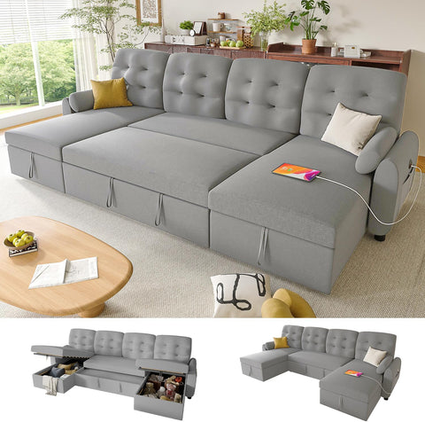 Ucloveria Sectional Sleeper Sofa Bed, 112" U-Shaped Sectional Couches for Living Room with Pull Out Bed, Oversize Couch Bed with Dual Reversible Storage Chaise | USB Charging | Side Pockets,Light Grey