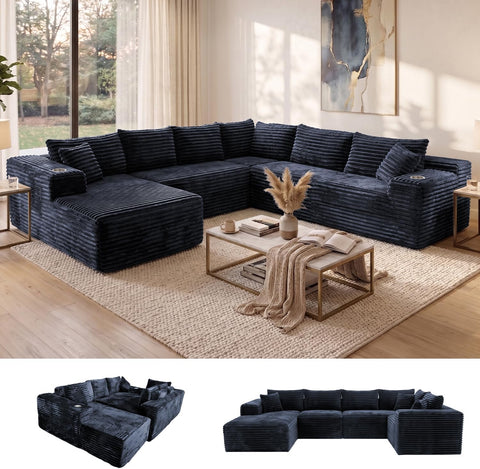 Oversized Cloud Sectional Couches for Living Room, 122" U-Shaped 7 Seater Sofa Modular Boneless Couch with Chaise | Deep Seater | Cup Holder | Side Pocket | No-Assembly | Plus Corduroy, Dark Grey