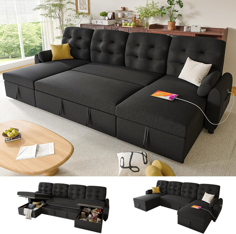 Ucloveria Sectional Sleeper Sofa Bed, 112" U-Shaped Sectional Couches for Living Room with Pull Out Bed, Oversize Couch Bed with Dual Reversible Storage Chaise | USB Charging | Side Pockets, Black