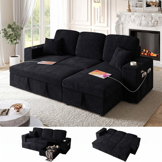 Bonroyo 90 Inch Modular Sectional Sleeper Sofa Bed, 4 in 1 Pull Out Couch Bed with Reclining Backrest | Reversible Storage Chaise | Wide Armrest | Tool Free Assembly, Chenille Fabric, Corduroy Black