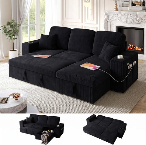 Bonroyo 90 Inch Modular Sectional Sleeper Sofa Bed, 4 in 1 Pull Out Couch Bed with Reclining Backrest | Reversible Storage Chaise | Wide Armrest | Tool Free Assembly, Chenille Fabric, Corduroy Black