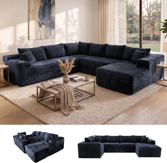 Oversized Cloud Sectional Couches for Living Room, 122" U-Shaped 7 Seater Sofa Modular Boneless Couch with Chaise | Deep Seater | Cup Holder | Side Pocket | No-Assembly | Plus Corduroy, Dark Grey