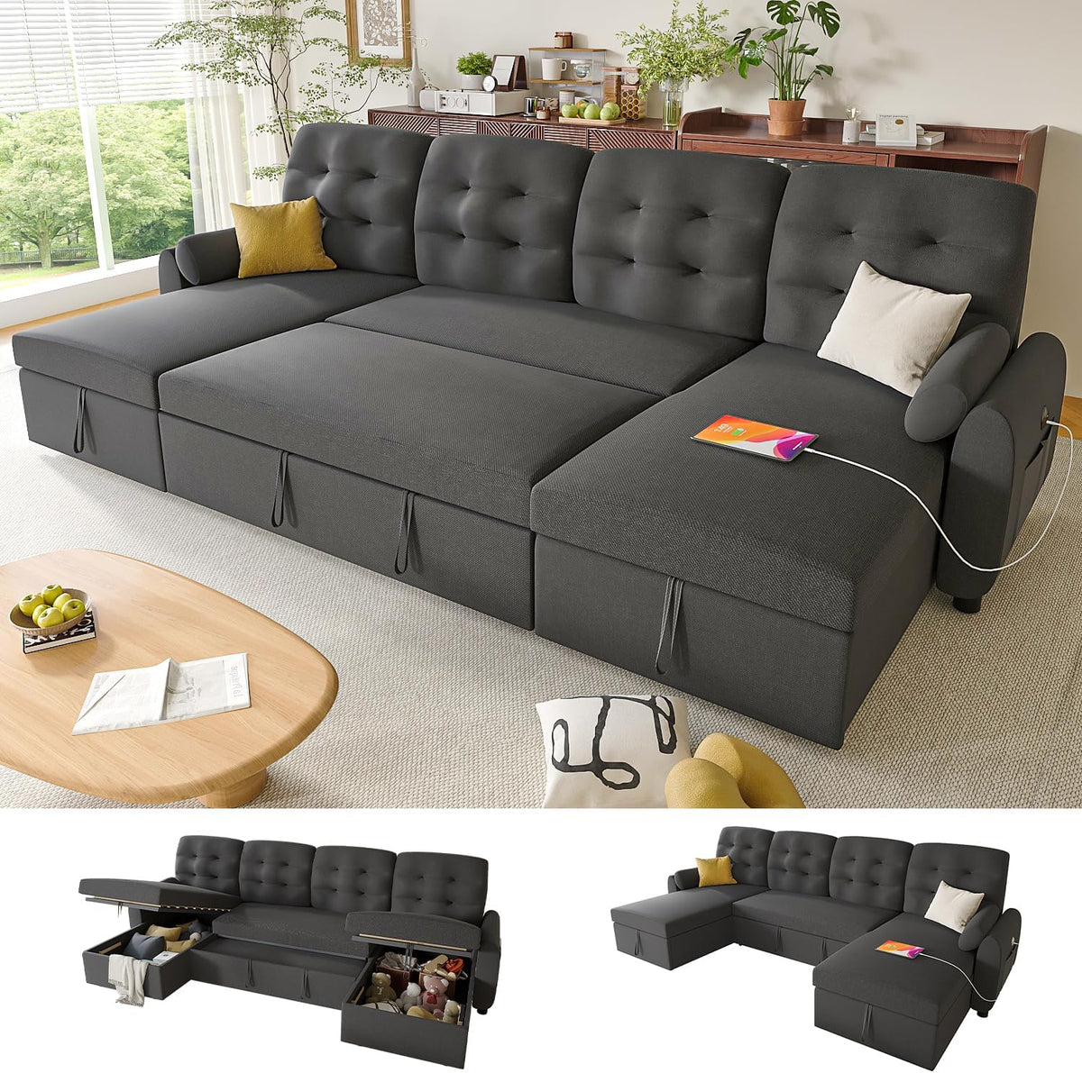 Ucloveria Sectional Sleeper Sofa Bed, 112" U-Shaped Sectional Couches for Living Room with Pull Out Bed, Oversize Couch Bed with Dual Reversible Storage Chaise | USB Charging | Side Pockets, Drak Grey