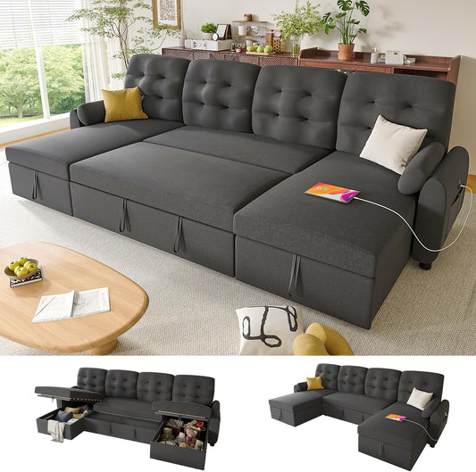 Ucloveria Sectional Sleeper Sofa Bed, 112" U-Shaped Sectional Couches for Living Room with Pull Out Bed, Oversize Couch Bed with Dual Reversible Storage Chaise | USB Charging | Side Pockets, Drak Grey