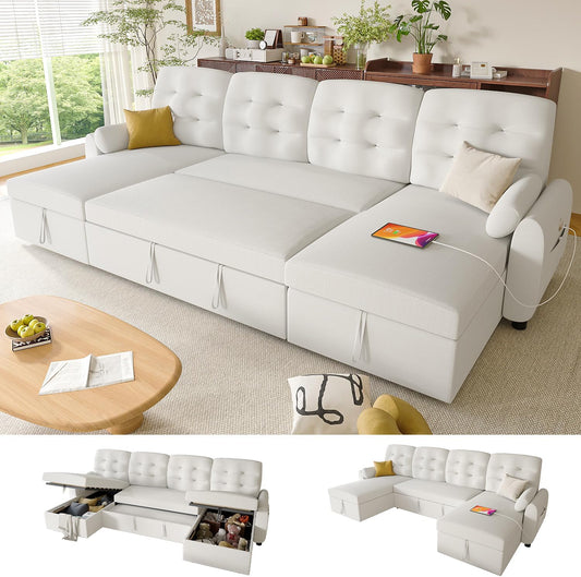 Ucloveria Sectional Sleeper Sofa Bed, 112" U-Shaped Sectional Couches for Living Room with Pull Out Bed, Oversize Couch Bed with Dual Reversible Storage Chaise | USB Charging | Side Pockets,White