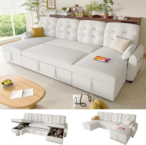 Ucloveria Sectional Sleeper Sofa Bed, 112" U-Shaped Sectional Couches for Living Room with Pull Out Bed, Oversize Couch Bed with Dual Reversible Storage Chaise | USB Charging | Side Pockets,White