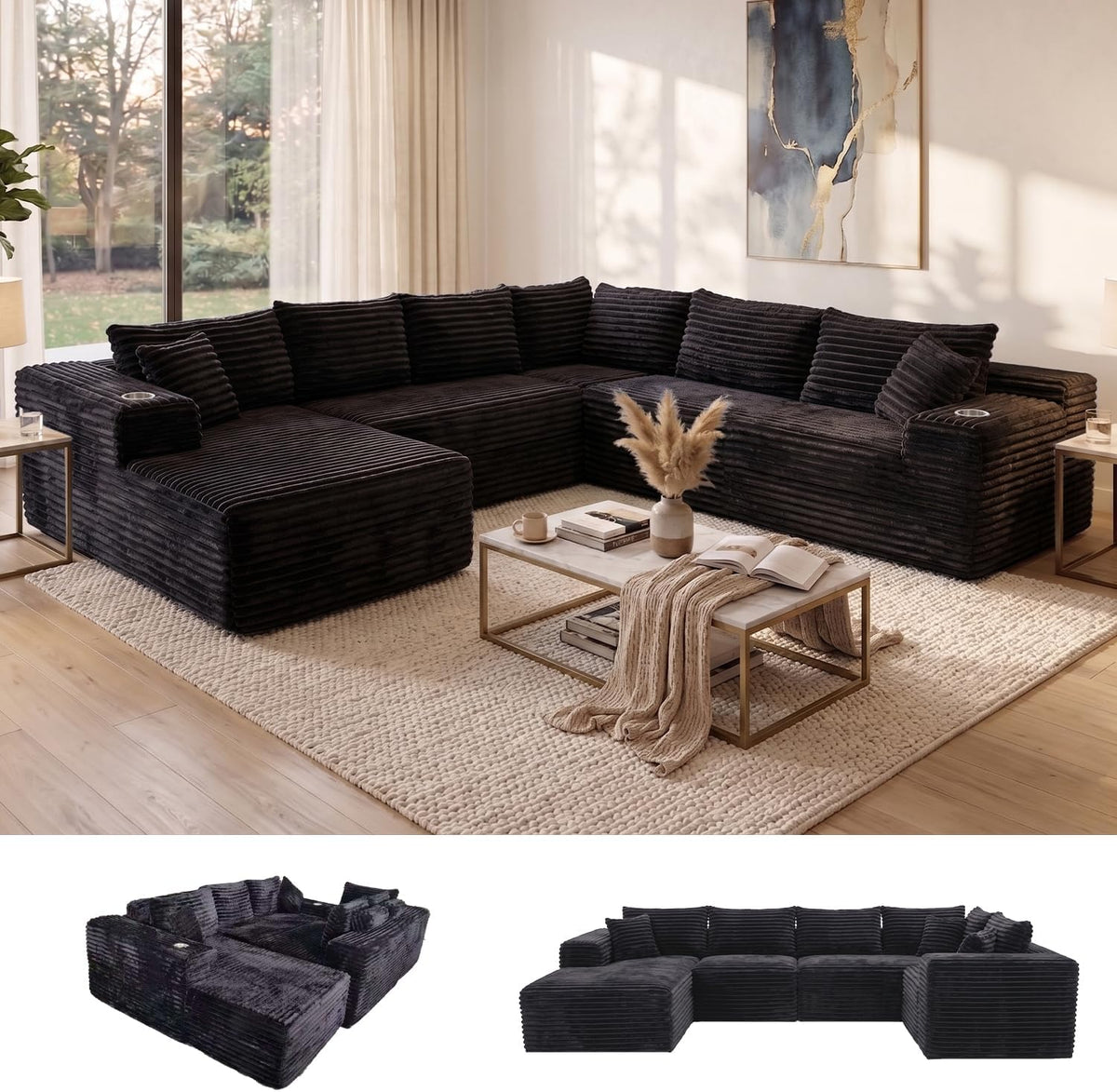 Oversized Cloud Sectional Couches for Living Room, 122" U-Shaped 7 Seater Sofa Modular Boneless Couch with Chaise | Deep Seater | Cup Holder | Side Pocket | No-Assembly | Plus Corduroy, Black