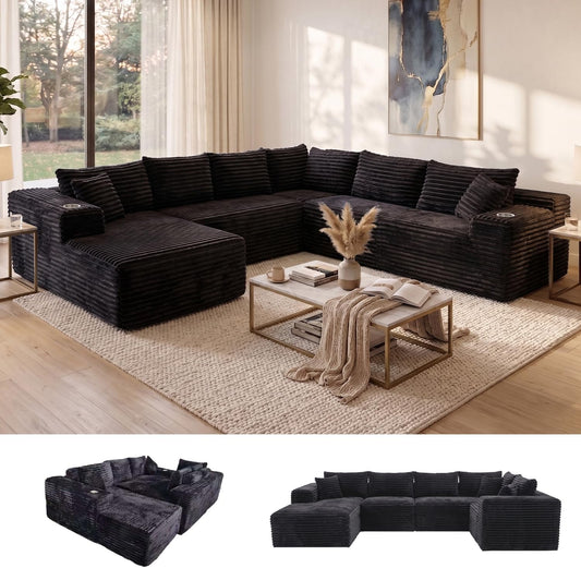 Oversized Cloud Sectional Couches for Living Room, 122" U-Shaped 7 Seater Sofa Modular Boneless Couch with Chaise | Deep Seater | Cup Holder | Side Pocket | No-Assembly | Plus Corduroy, Black