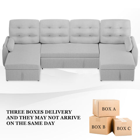 Sectional Sofa Couch, 112" Sleeper Sofa Bed with Dual Reversible Storage Chaise Pull Out Couched for Living Room | Side Pockets | Charging Station | Removable Backrest | Linen, Light Grey