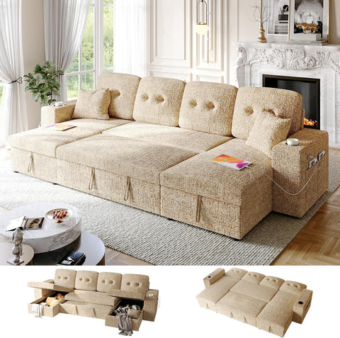 Bonroyo Modular Sectional Sleeper Sofa Bed,  117" U-Shaped Sofa with Dual Storage Chaise | Reclining Backrest | Wide Armrest, Couches for Living Room, 4 in 1 Pull Out Couch Bed, Khaki