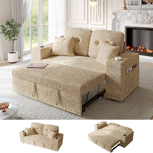 Bonroyo 63 Inch Sleeper Sofa Bed, 3 in 1 Pull Out Couch Bed with Reclining Backrest, Small Loveseat with Wide Armrest | USB Charging | Side Pockets | Cup Holders | Tool Free Assembly, Khaki