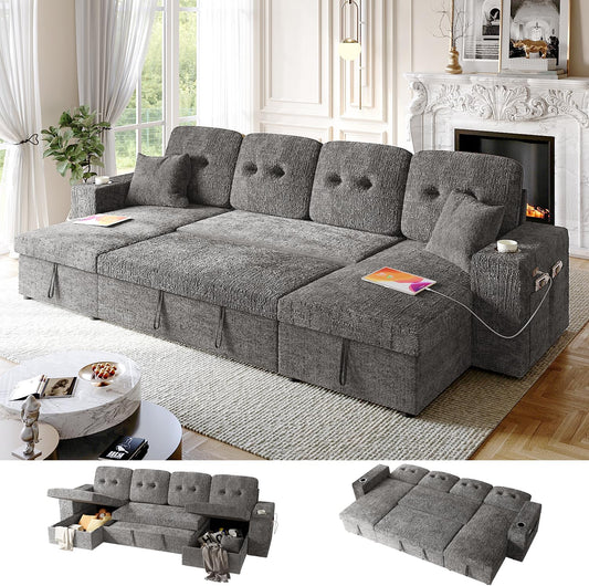 Bonroyo Modular Sectional Sleeper Sofa Bed,  117" U-Shaped Sofa with Dual Storage Chaise | Reclining Backrest | Wide Armrest, Couches for Living Room, 4 in 1 Pull Out Couch Bed, Grey