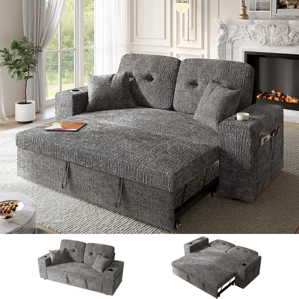 Bonroyo 63 Inch Sleeper Sofa Bed, 3 in 1 Pull Out Couch Bed with Reclining Backrest, Small Loveseat with Wide Armrest | USB Charging | Side Pockets | Cup Holders | Tool Free Assembly, Grey