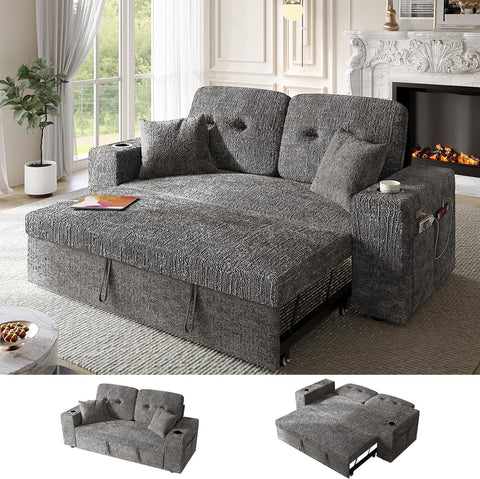 Bonroyo 63 Inch Sleeper Sofa Bed, 3 in 1 Pull Out Couch Bed with Reclining Backrest, Small Loveseat with Wide Armrest | USB Charging | Side Pockets | Cup Holders | Tool Free Assembly, Grey