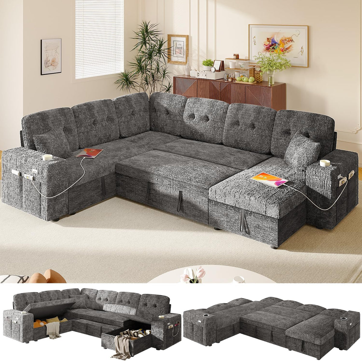 Bonroyo Modular Sectional Sleeper Sofa with Pull Out Bed, 108 Inch U Shaped 7 Seat Couches for Living Room, Chenille Fabric Cloud Couch Bed with Storage & Reclining Backrest, USB Charging, Grey