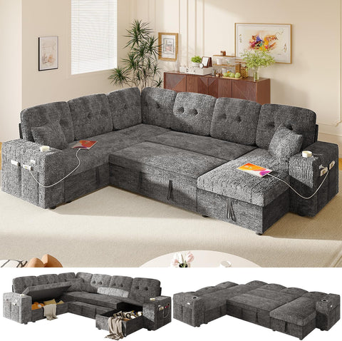 Bonroyo Modular Sectional Sleeper Sofa with Pull Out Bed, 108 Inch U Shaped 7 Seat Couches for Living Room, Chenille Fabric Cloud Couch Bed with Storage & Reclining Backrest, USB Charging, Grey