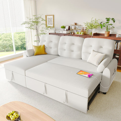 Ucloveria Sectional Sofa Couch, 87"/112" Sleeper Sofa Bed with Reversible Storage Chaise Pull Out Couch for Living Room | Side Pocket | Charging Station | Removable Backrest | Linen Fabric